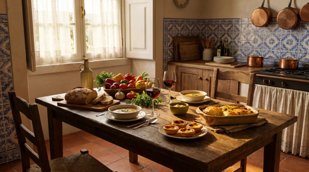 Cozinha portuguesa rústica com azulejos e comida tradicional - Alma dos Sabores