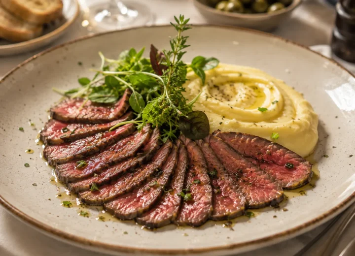 Carpaccio de Javali com Puré de Batata e Ervas Frescas