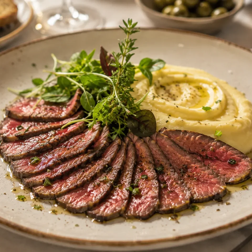 Carpaccio de Javali com Puré de Batata e Ervas Frescas