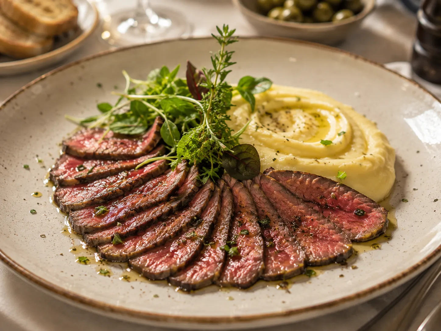 Carpaccio de Javali com puré de batata e evas frescas